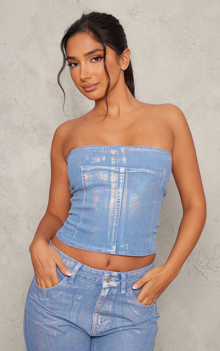Bleu Haut Long À Panneaux En Denim Métallisé Petite