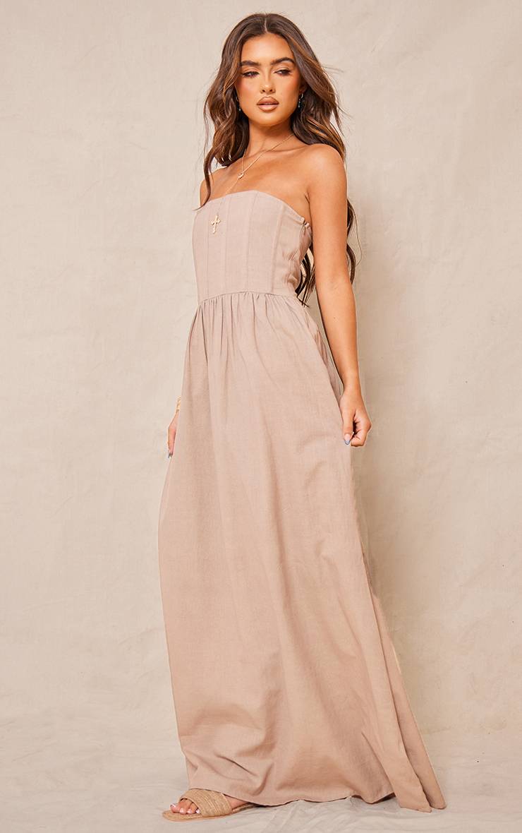 Gris Pierre Robe Maxi Bandeau Corset Aspect Lin