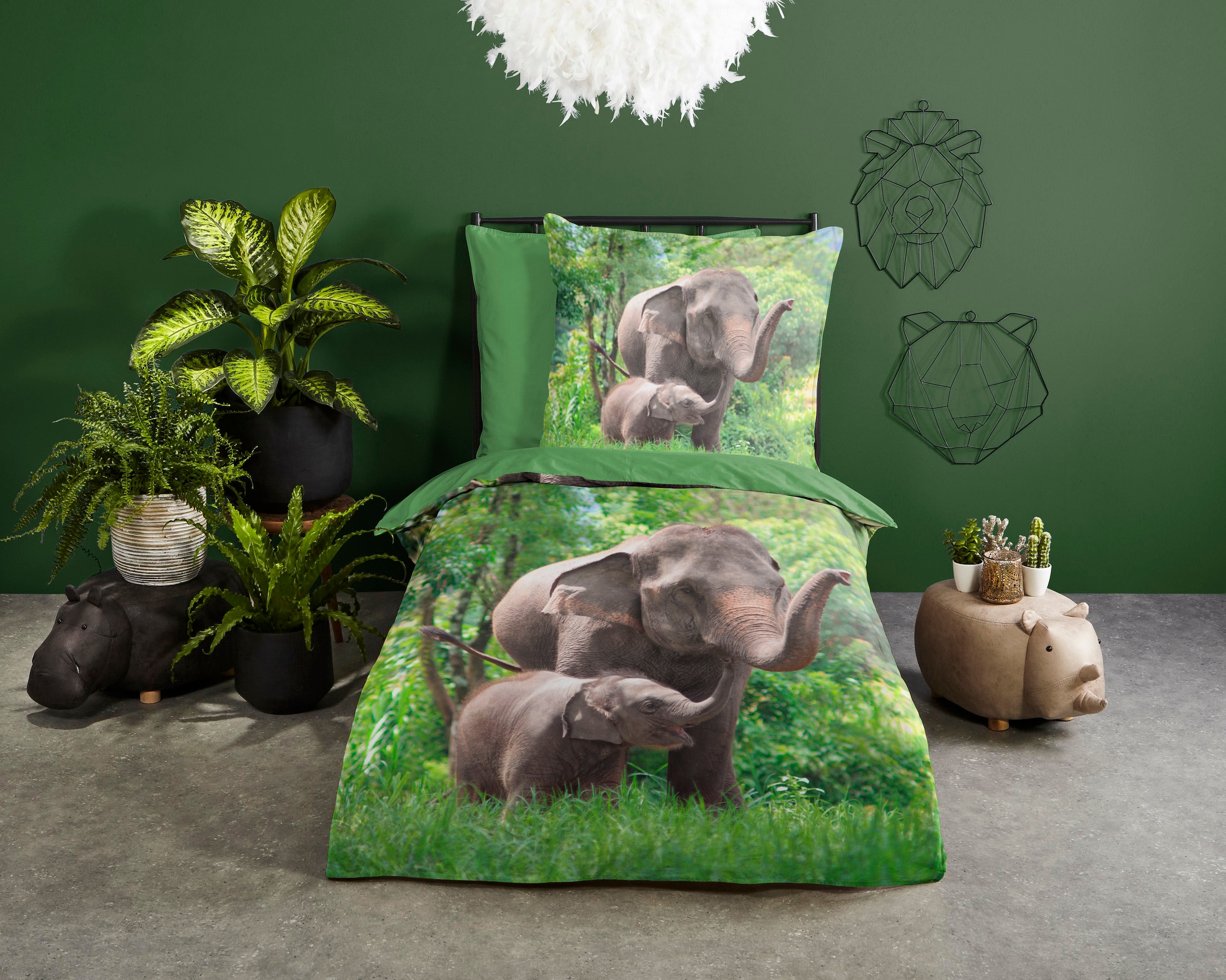 good morning Kinderbettwäsche »Elephants« 2 Stk. tlg. Baumwolle, 135x200, Reissverschluss, Wendeoptik, Kind, Elefant, Grün
