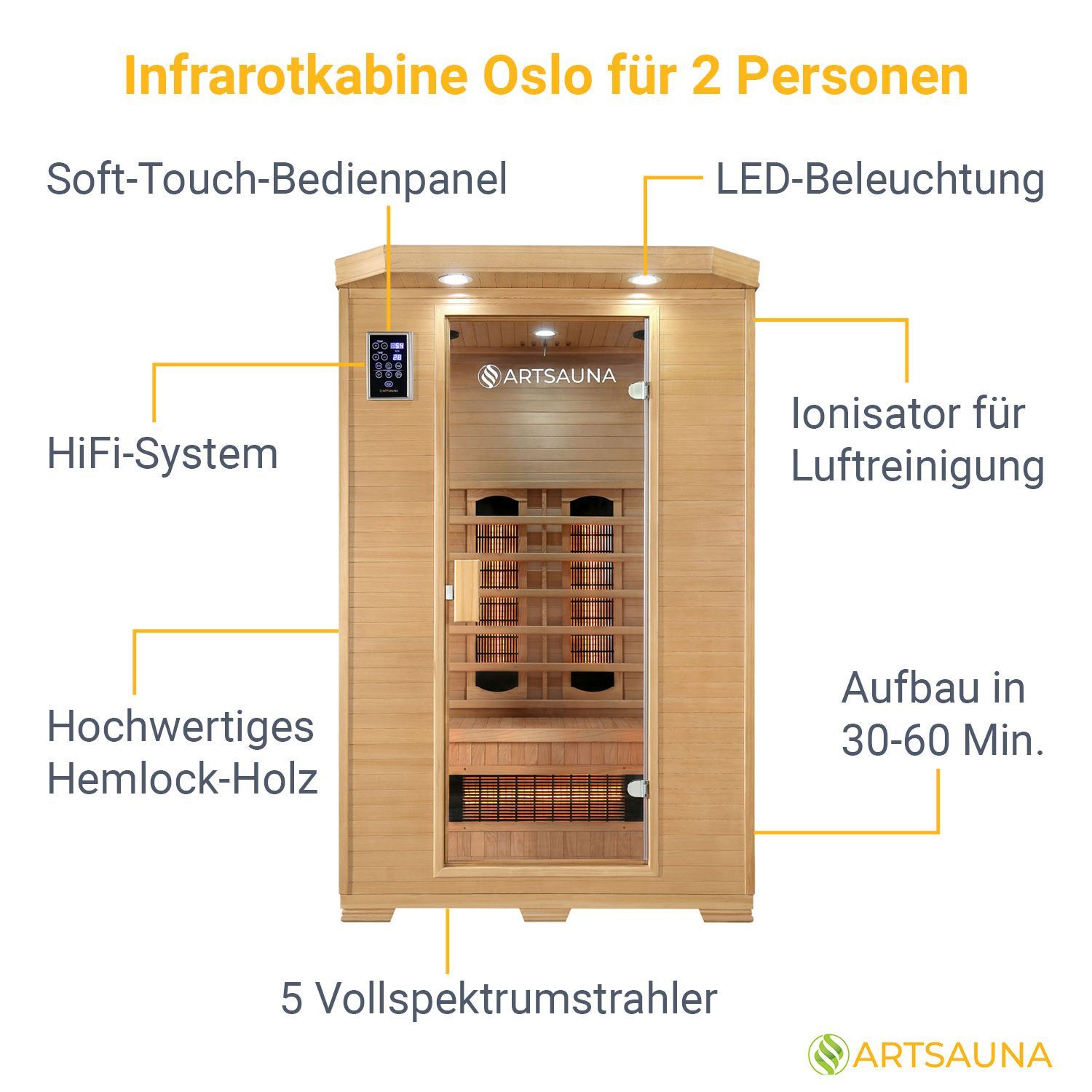 Artsauna Infrarotkabine Wärmekabine Oslo mit Vollspektrumstrahlern & Hemlockholz