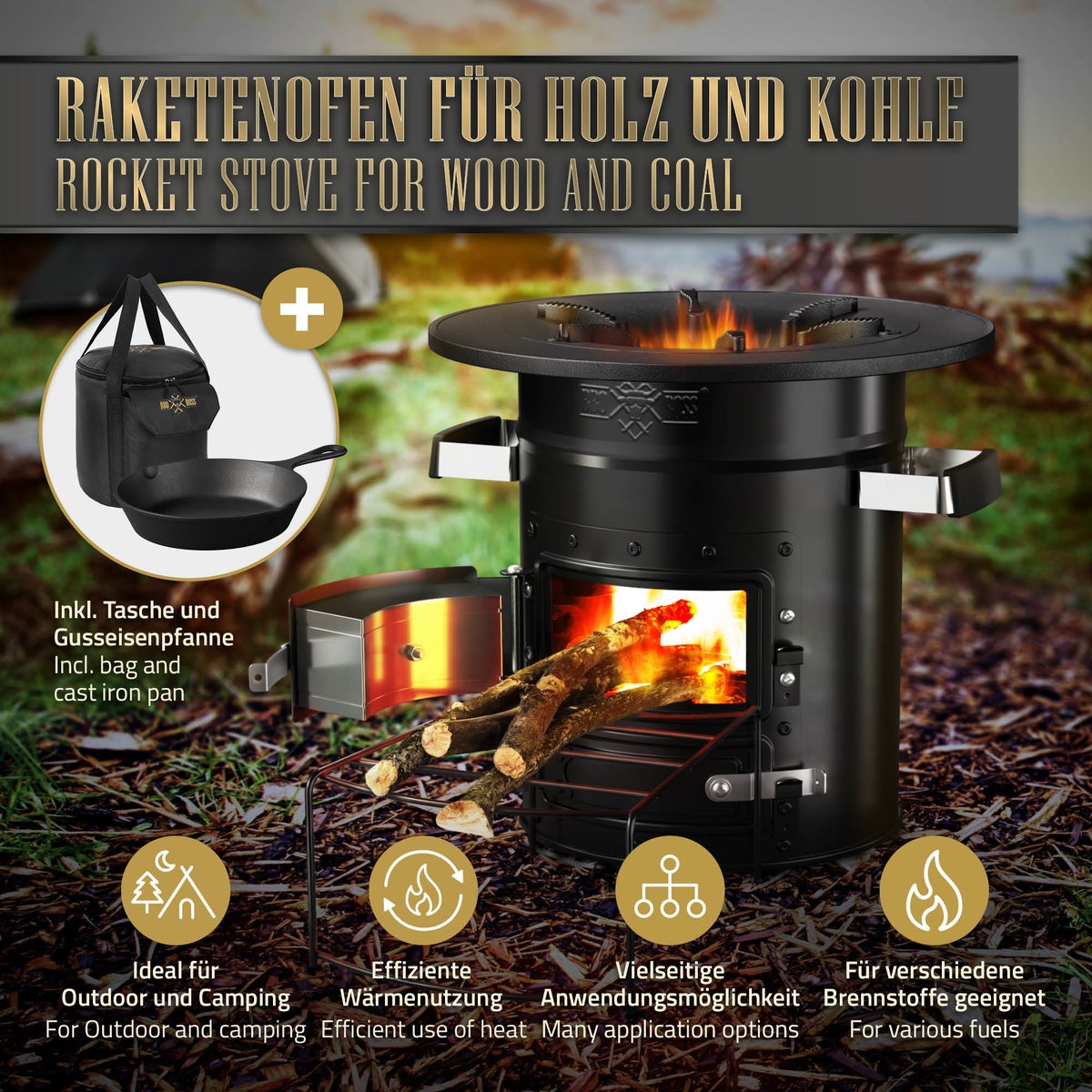 BBQ#BOSS Rocket Stove met grillpan en draagtas, zwart, kampeerkachel met brandhoutstandaard, dubbele deur, kampeerbarbecue houtkachel om te koken, buitenkeuken, Rocket Stove voor Dutch Oven en kampeergrill