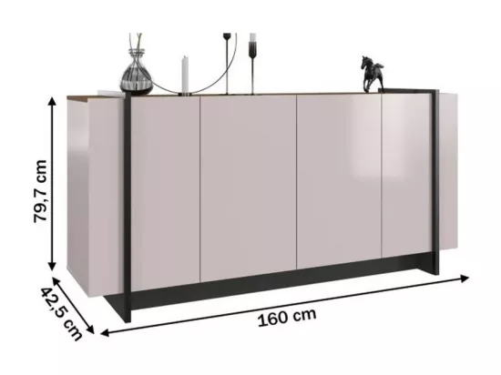 Buffet Bas 4 Portes Blanc Ecru et Noir 6 Niches L 160 H 79.7 P 42.5 cm
