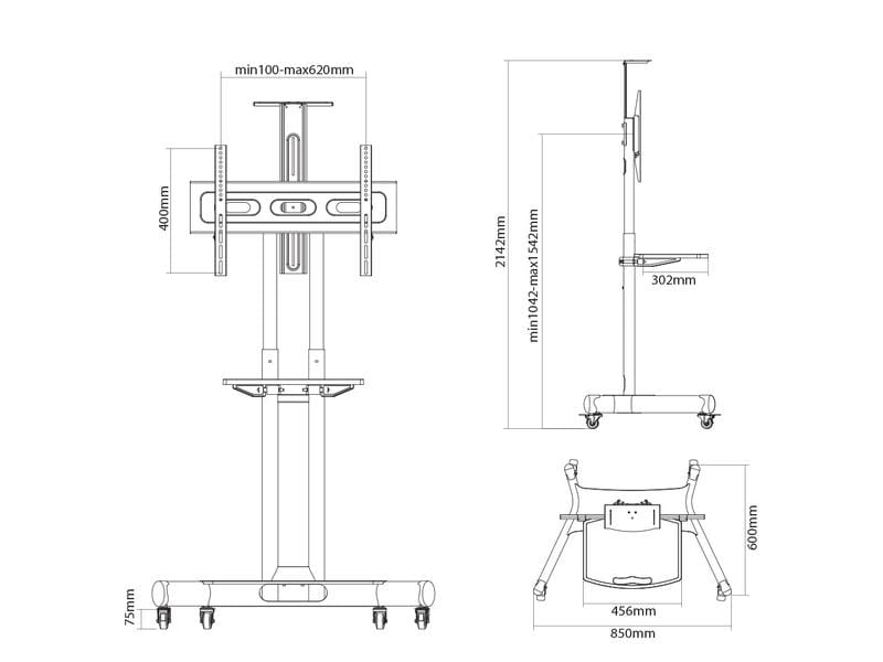 NEOMOUNTS TV-Trolley NM-M1700 Schwarz Mobiler Bodenständer für Flachbildfernseher bis zu 75