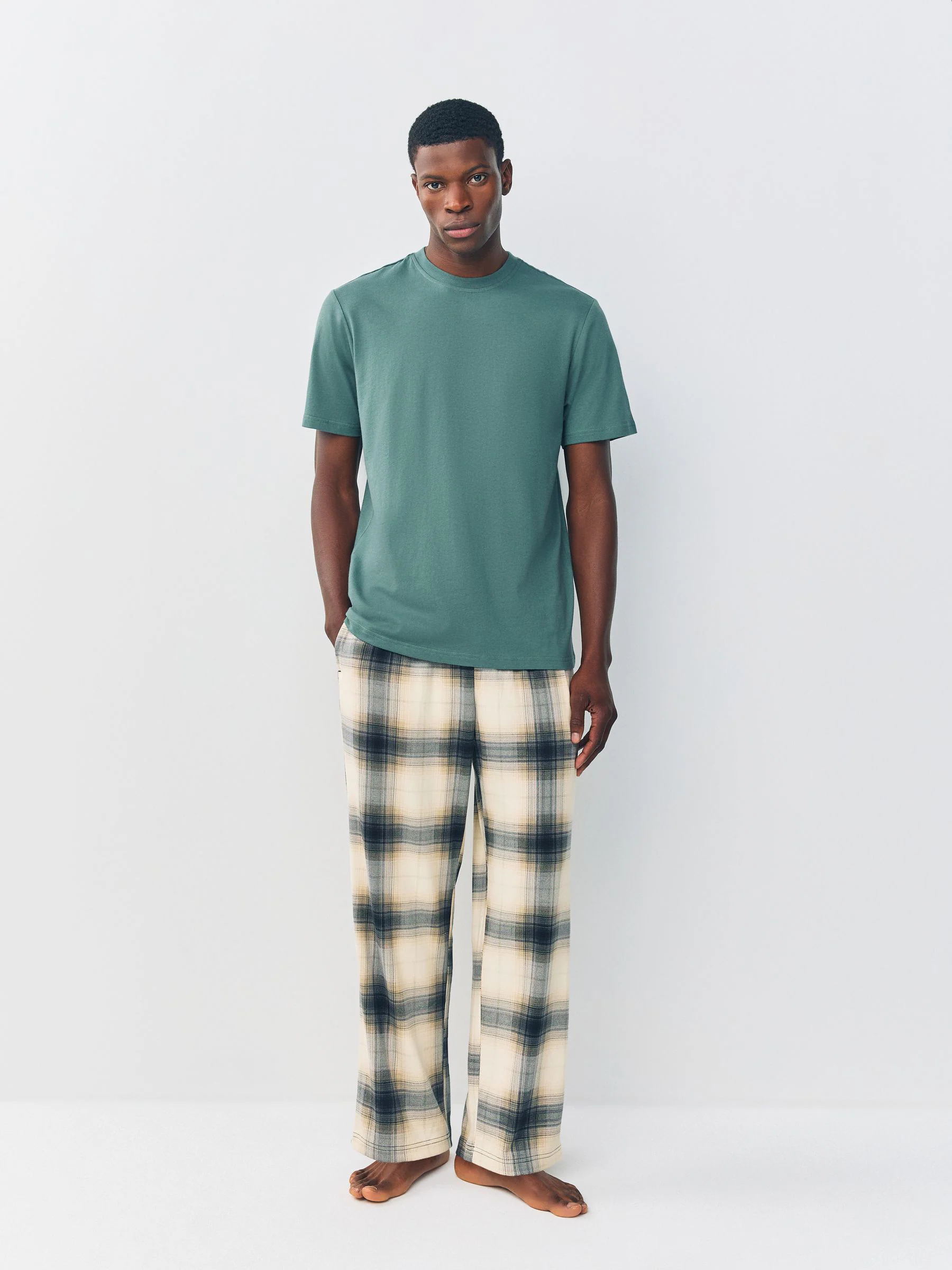 Saliegroen / Naturel kiezelkleurig Ruit - Motionflex Behaaglijke Pyjama Set met Korte Mouwen