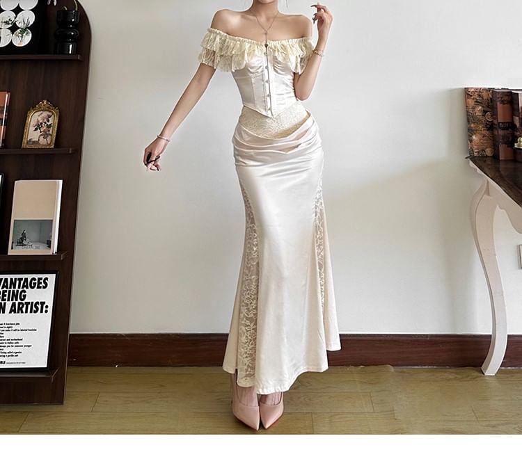 Autuna - Off Shoulder Effen Crop Top / Lage Taille Effen Maxi Zeemeerminrok