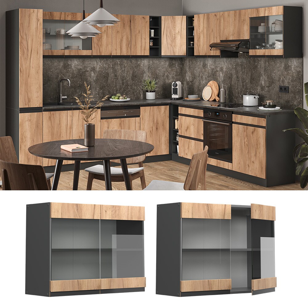 Vicco Glashängeschrank Küchenschrank Küchenmöbel R-Line J-Shape Anthrazit Eiche 80 cm modern