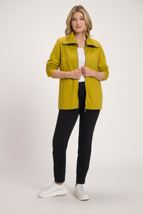 Sweatjacke, drapierter Stehkragen, Kunstleder-Details