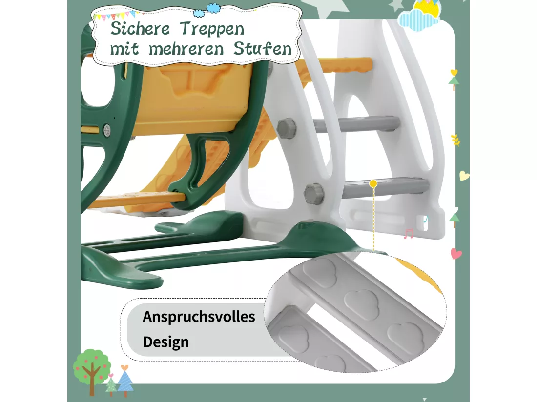 Toboggan balançoire 4 en 1 pour enfants - 113 x 100 x 94cm - en HDPE - avec escaliers et cadre de basket - vert