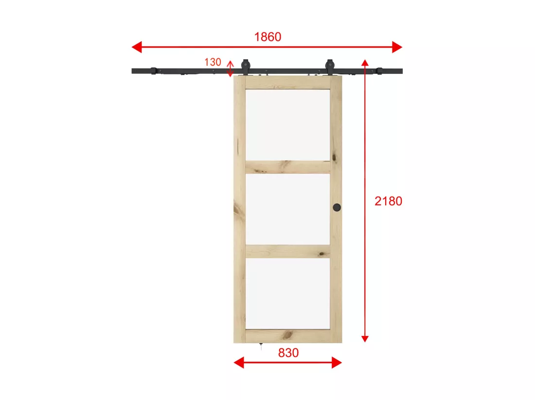 Porte coulissante avec système en applique en bois et verre trempé dépoli - 3 fenêtres - H205 x L83 cm - ACOSTA II