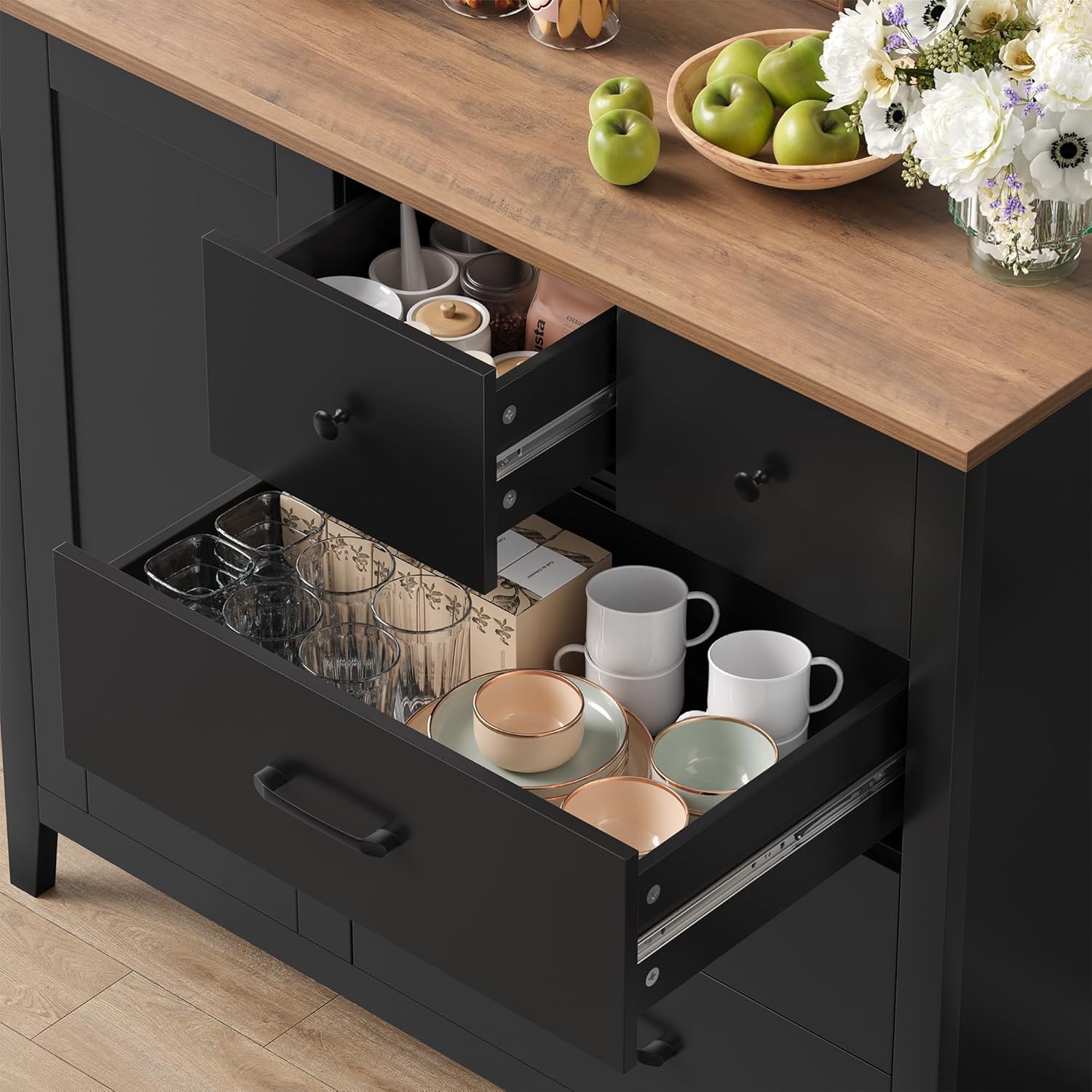 HOCSOK Sideboard, Küchenschrank mit 5 Schubladen und 1 Tür, Buffetschrank mit Arbeitsplatte für Küche, Esszimmer, Wohnzimmer, Flur, Holz, Schwarz & Braun