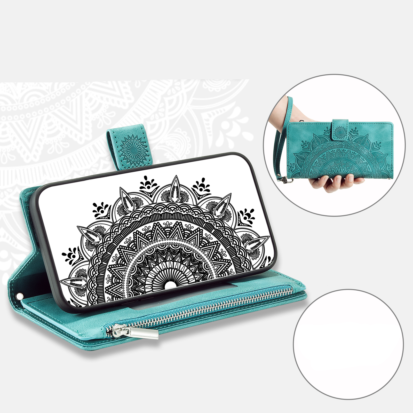 Samsung Galaxy S24 FE Leder Tasche Flip Cover mit Reissverschluss - Mandala Flowers Imprint - Türkis