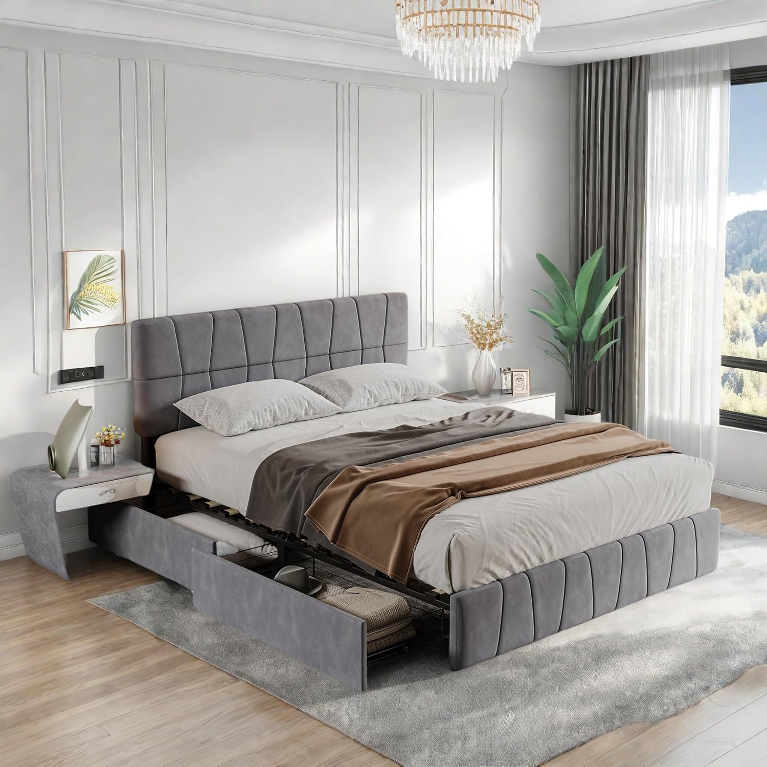 Bett mit Stauraum 160x200 cm mit 4 Schubladen, Polsterbett Doppelbett mit Verstellbares Kopfteil, Jugendbett mit Stauraum und Lattenrost, Funktionsbett Bettgestell, Samt (Grau-Samt, 160x200cm)