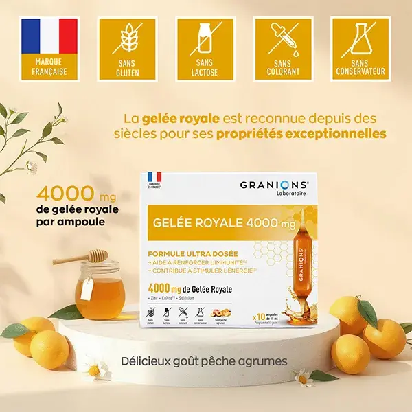 Geleia Real Granions 4000 mg, Reforça a Imunidade, Antifadiga - 10 Ampolas