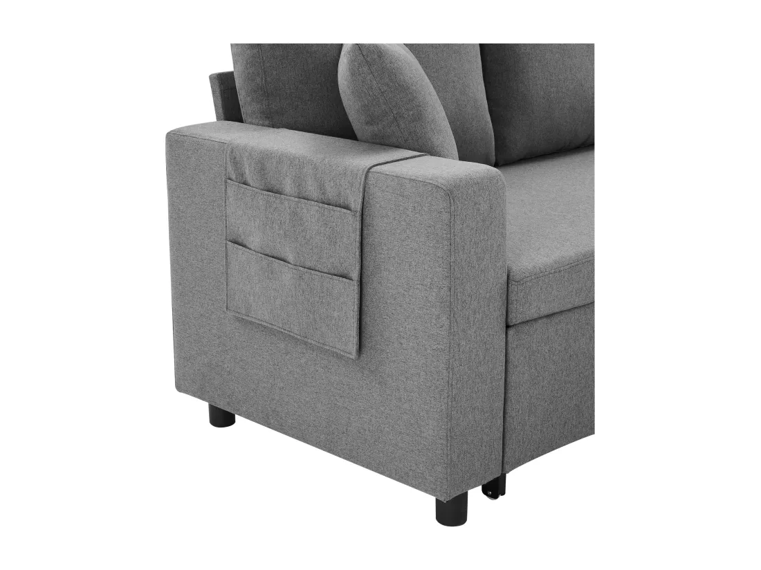 Canapé 3 places convertible en tissu lin - avec rangement et poches latérales - Gris