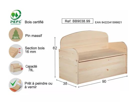 Banc coffre de rangement en pin brut 78 litres