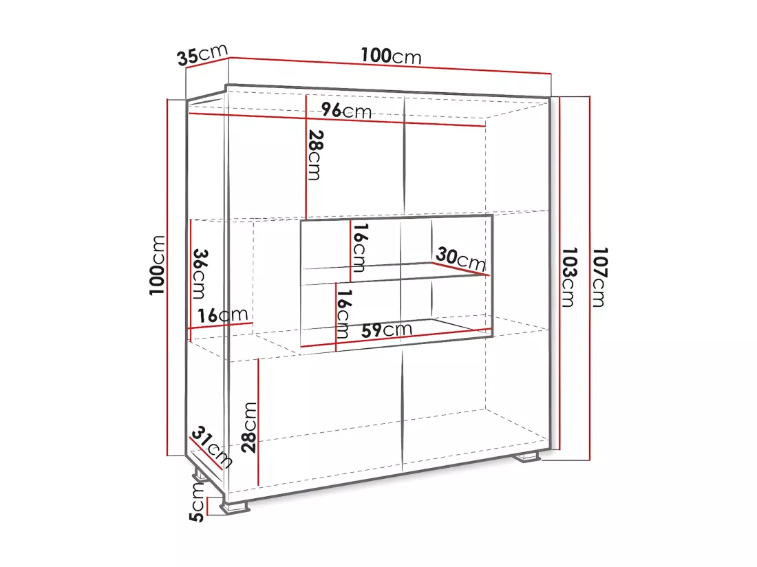 Buffet Tivdalu 100, Blanc|Blanc brillant, 107x100cm, Le nombre de portes: 235cm