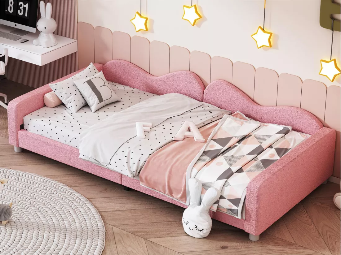 Lit banquette capitonné - 90 x 200 cm - 2 tiroirs - tissu peluche - sommier à lattes - pour enfant ou bébé - rose