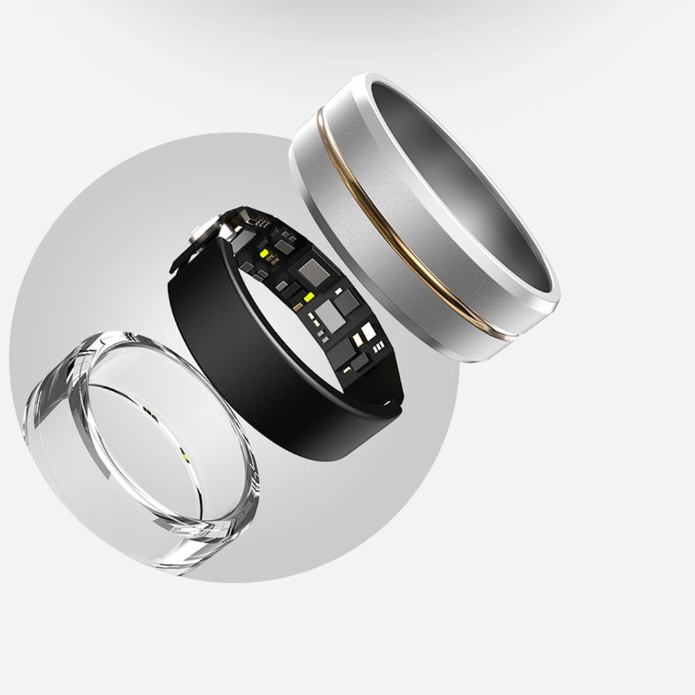 Smart Ring mit Ladecase / Blutsauerstoffmessung / Schlafqualitätsüberwachung (19.9mm) (IP67) - Silber mit Goldrand