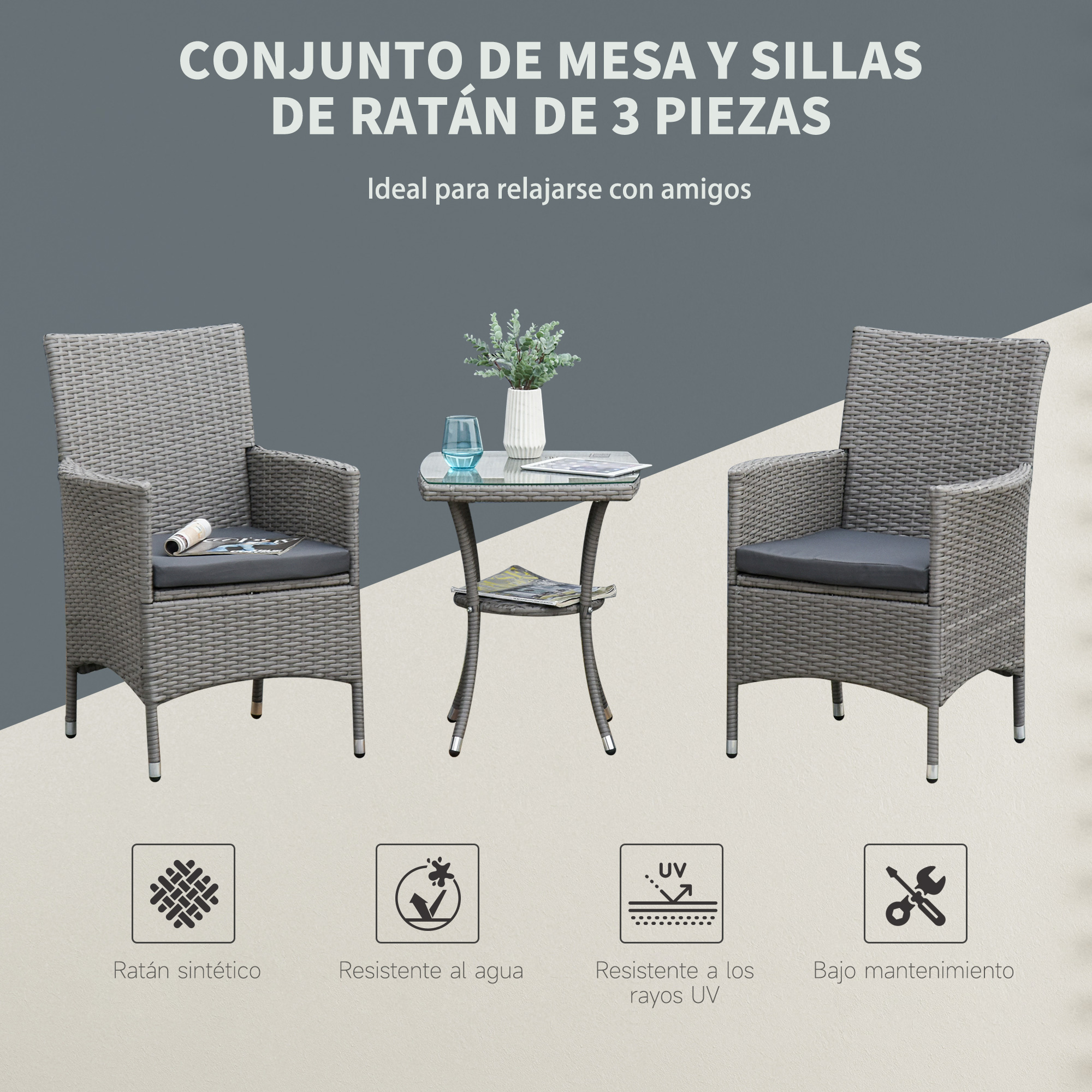 Conjunto de Móveis de Jardim Outsunny, em Rattan, Inclui 1 Mesa e 2 Poltronas com Almofadas, Estrutura Metálica para Terraço e Pátio, Cinza