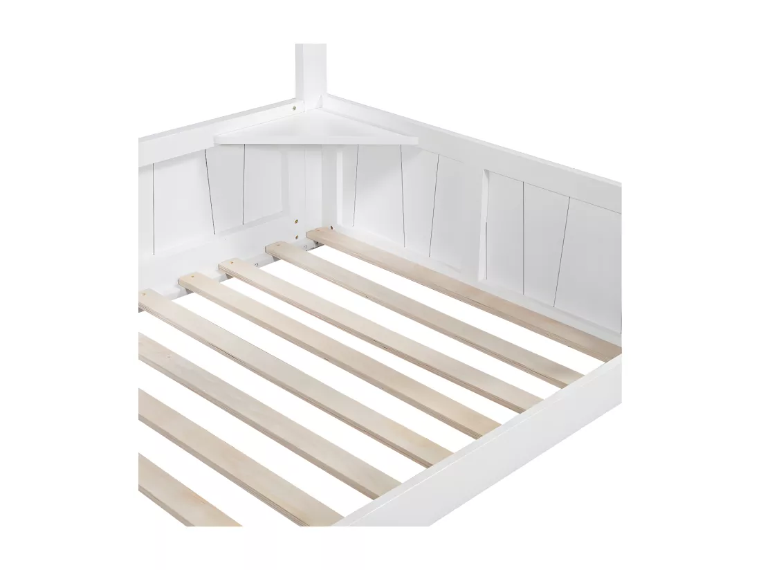 Lit superposé 90x200cm avec échelle et une étagère - en bois de pin et MDF - Blanc