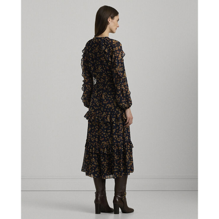 Lauren Ralph Lauren Floral Ruffle-Trim Georgette Dress Navy