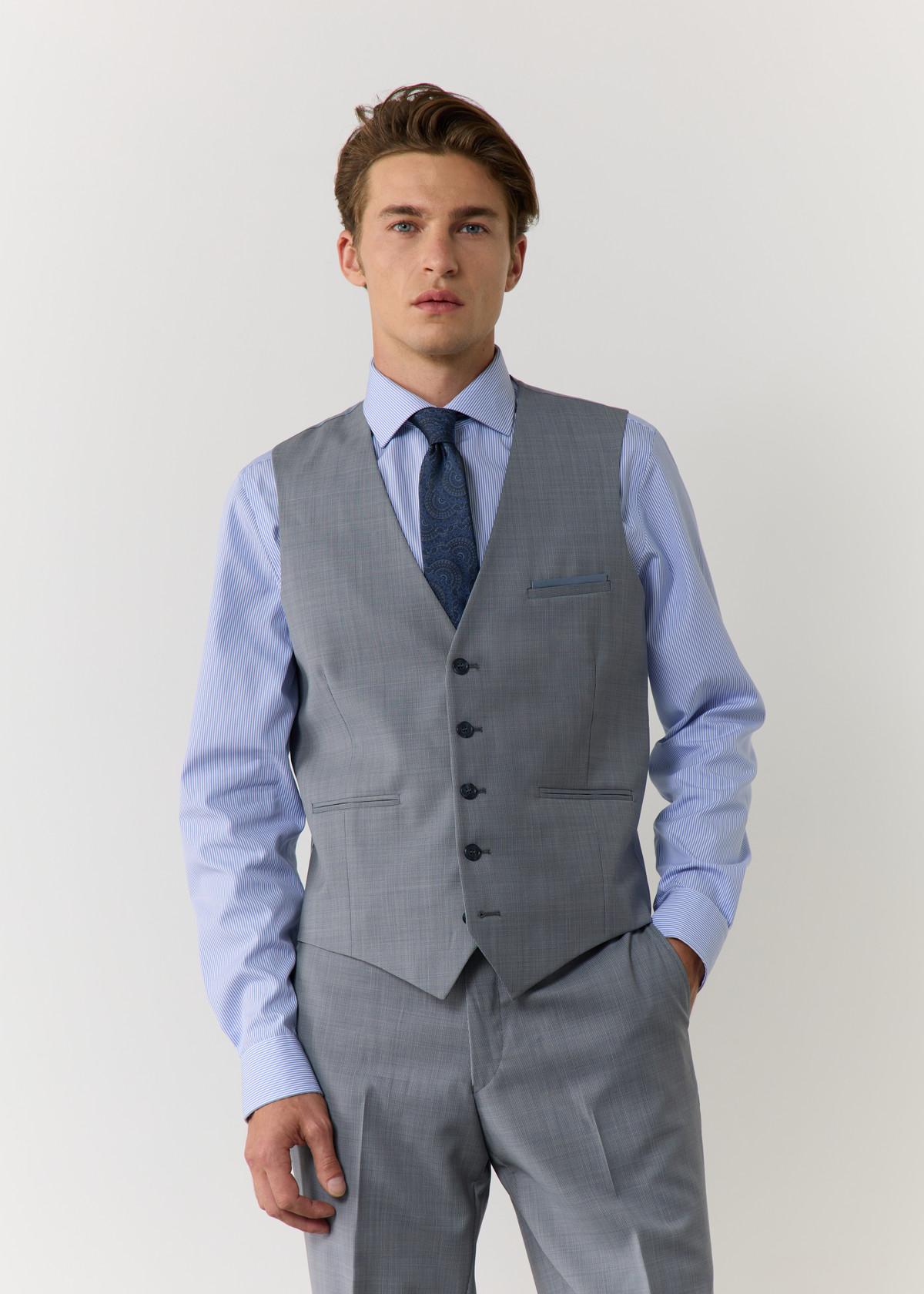 Gilet de costume en laine unie bleu chambray