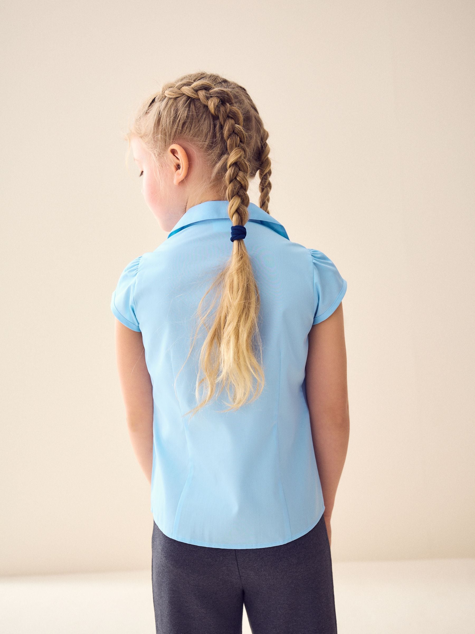 Blauw - Schoolblouse met pofmouwen en kantafwerking (3-14 jr)