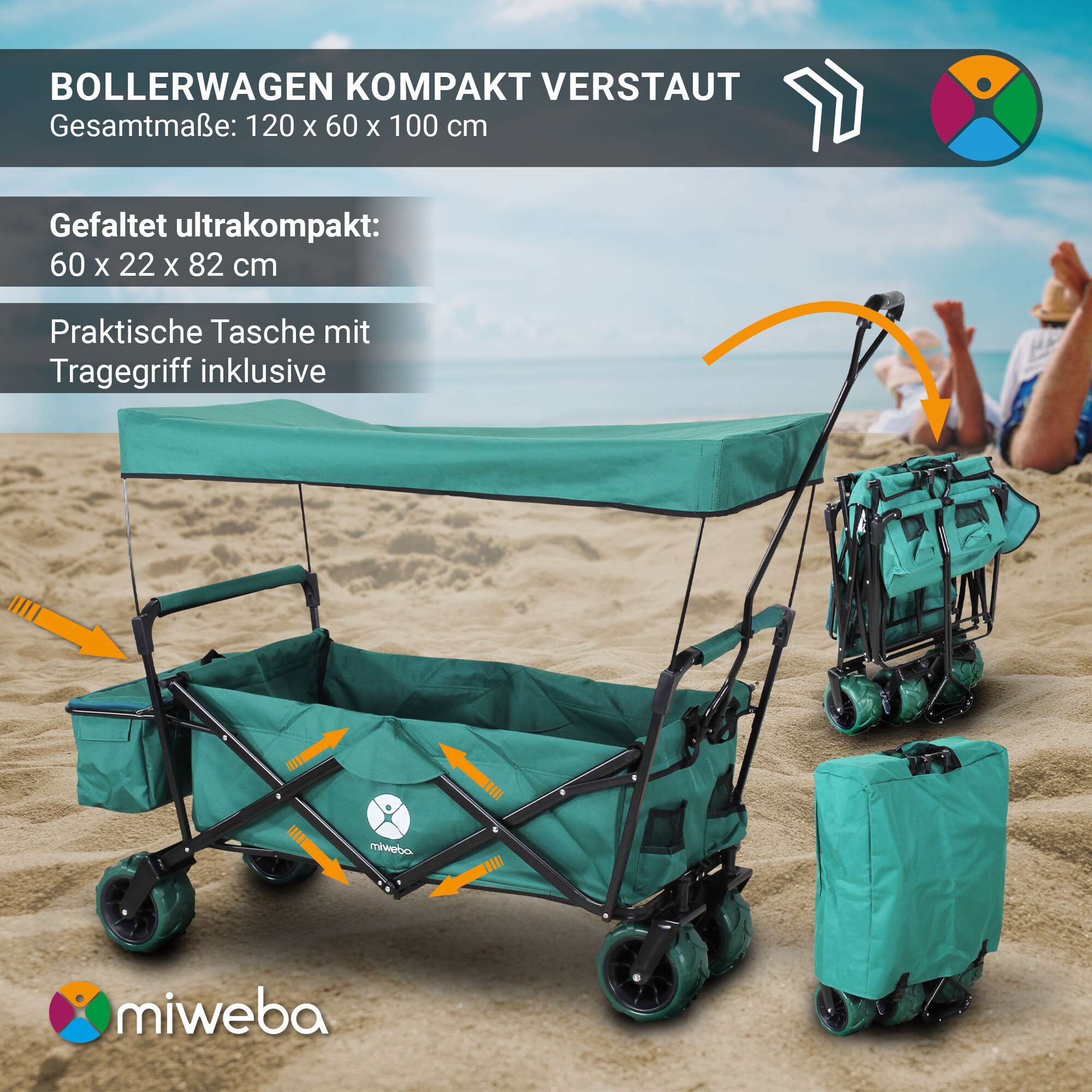 Miweba Bollerwagen MB-10, faltbar, Bremse, abnehmbares Dach, PU-Breitreifen, Transporttasche, 100 kg (Grau)