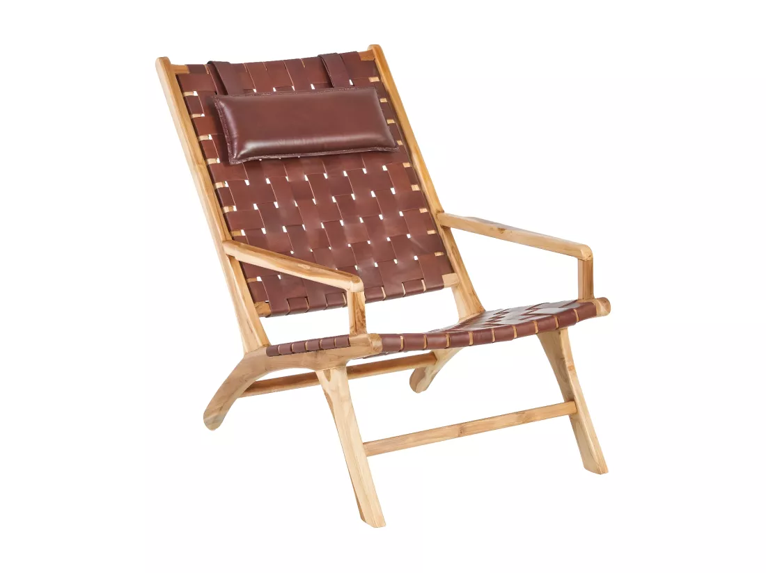 Fauteuil Teck/Cuir tressé Marron avec coussin - ESSAOUIRA