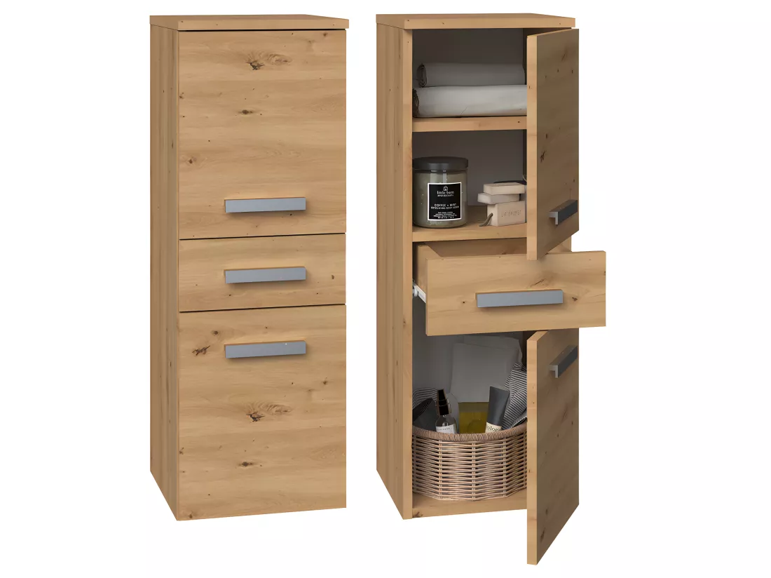 NINA - Meuble salle de bain 2 portes + 1 tiroir - 30x30x85cm - Colonne basse rangement SDB