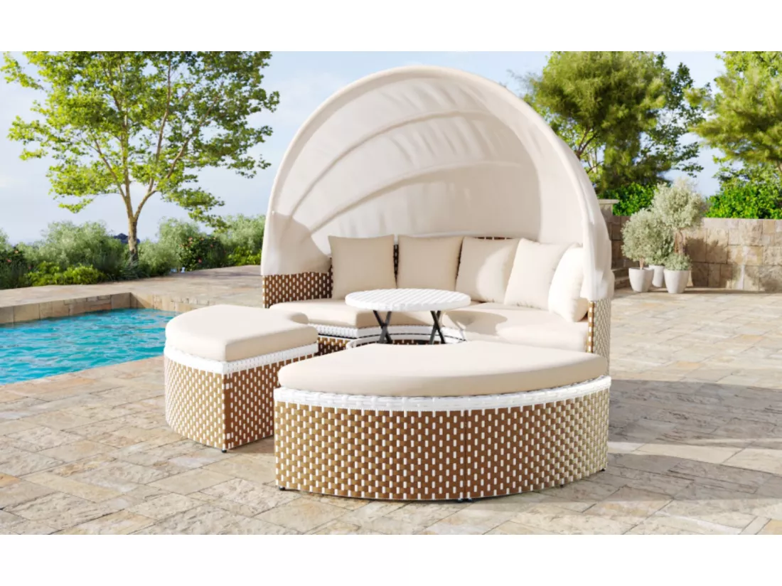 Salon de jardin en rotin tressée beige - cadres en fer - avec table basse relevable et 5 oreillers - 170x170x72/142cm