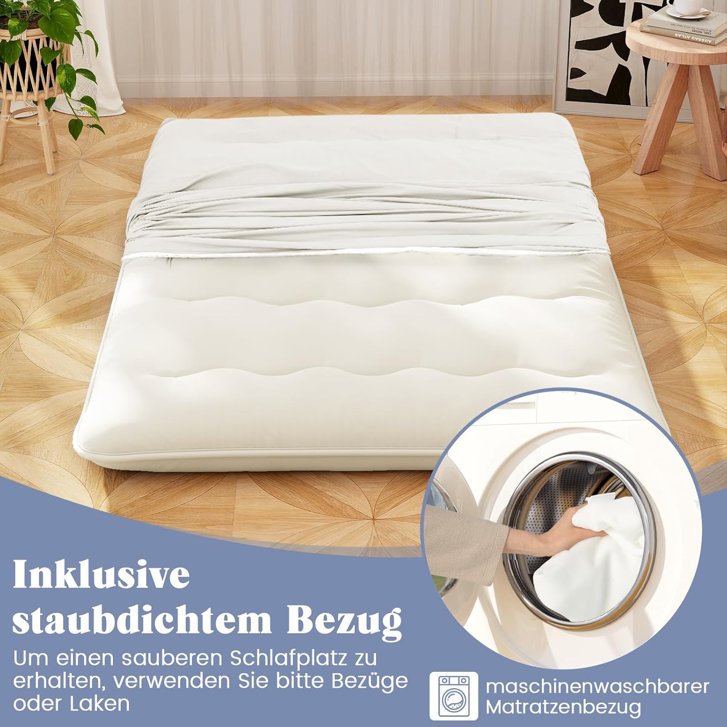 COSTWAY Japanische Futon Matratze, Tatami-Matte, Bodenmatratze, Klappmatratze mit waschbarem Bezug, Faltbare Schlafmatte mit Tragetasche, 140 x 200 cm, Beige