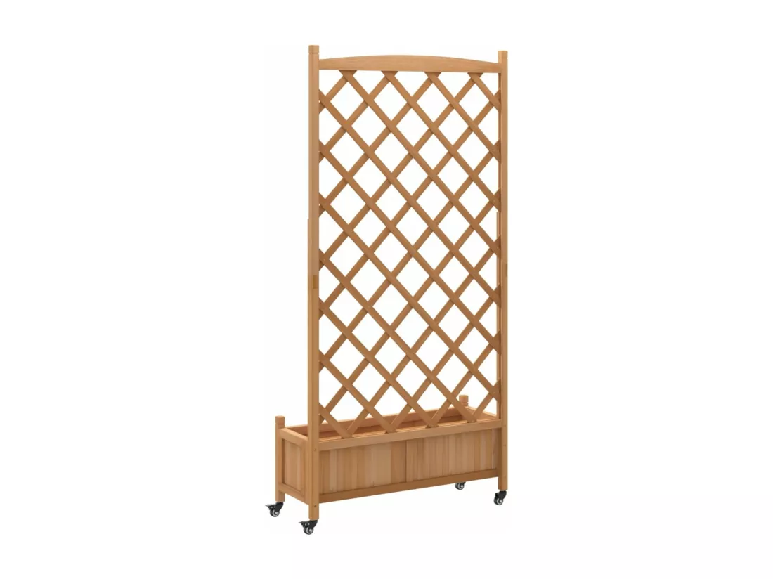 Jardinière avec treillis et roues marron bois massif de sapin