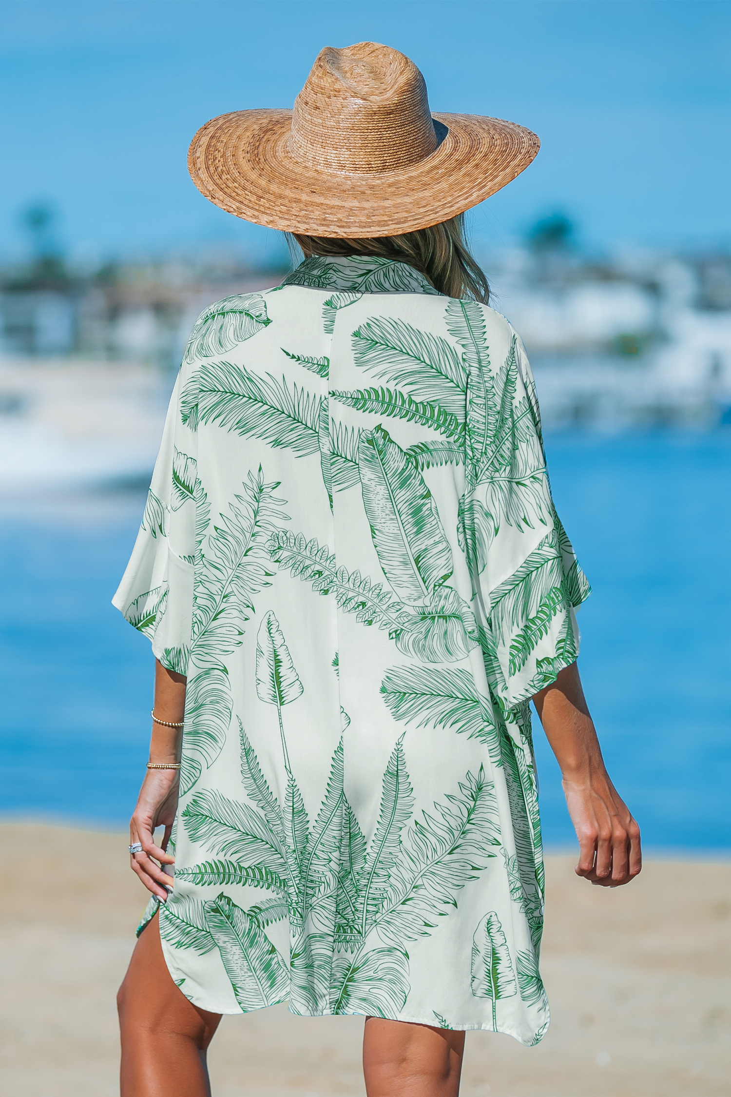 Robe cover up avec col chemise en V à feuilles de palmier vertes