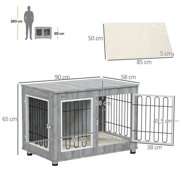 Hundebur, Hundehus, Med Pute, 2 Låser For Mellomstore Hunder, Hundebur Med Doble Dører, Hundehus, Grå, 90 X 58 X 65 Cm
