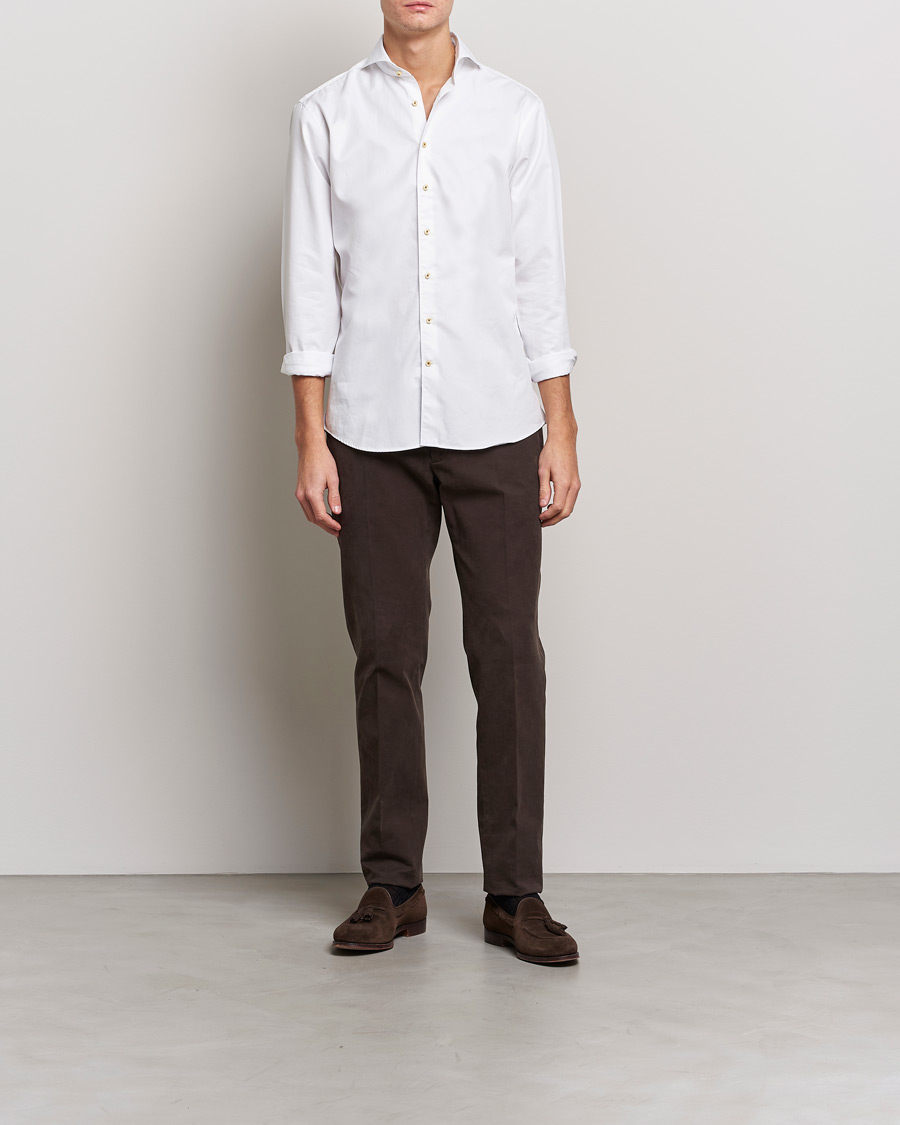 Stenströms Fitted Body Washed Cotton Plain Shirt White