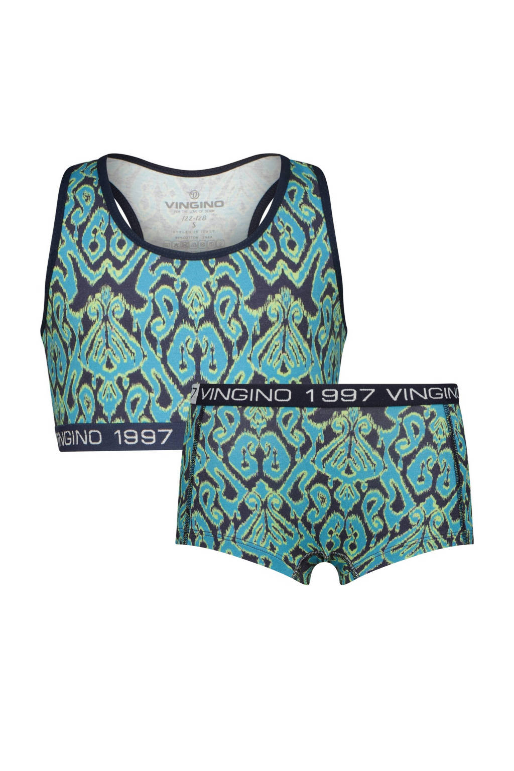 bh top + short Fanstasy donkerblauw/aqua