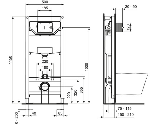 Ideal Standard ProSys wandclosetframe, inbouwhoogte 1150 mm, met witte bedieningsplaat R0214AC