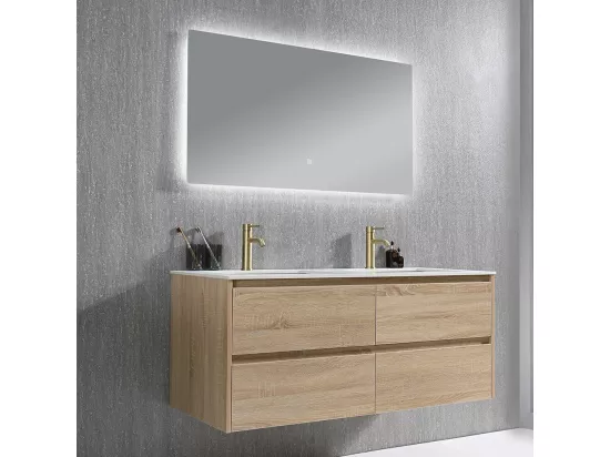 Meuble salle de bain double vasque 120cm bois naturel et effet marbre blanc avec miroir LED LB-8475C-120