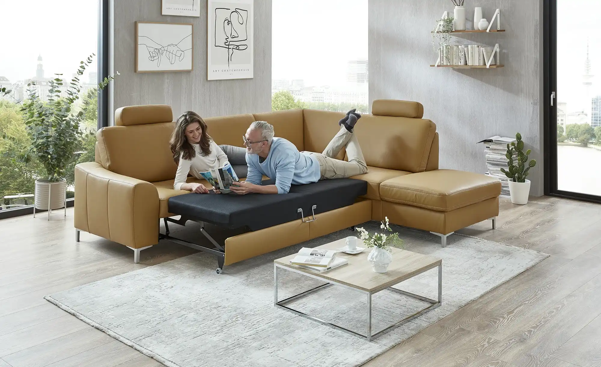 meinSofa Ecksofa mit Sitz und Rückenlehne aus Echtleder Lea