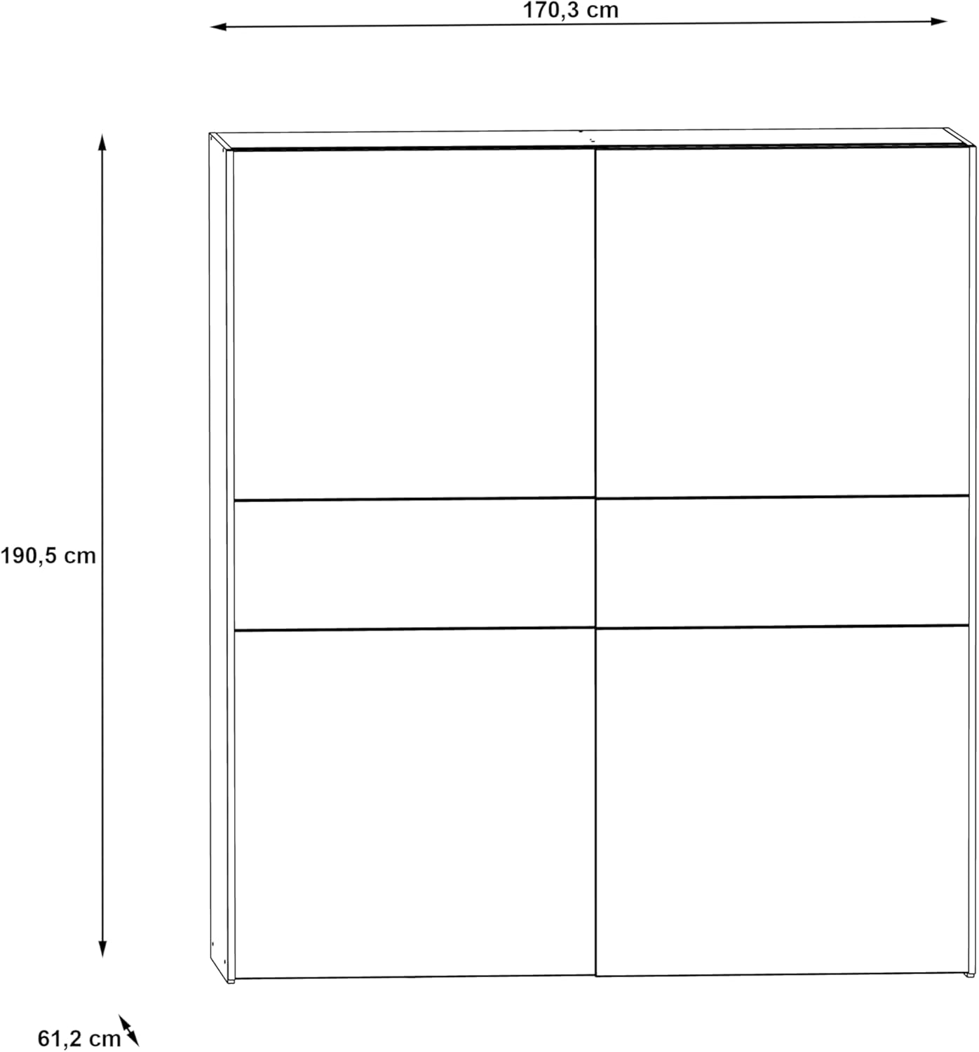 Forte LONGLINE Schrank 170, Schwebetürenschrank modern, 2-türig, weißer Kleiderschrank, Holzwerkstoff, Weiß / Sonoma Eiche Holzdekor, 170 cm breit x 190,5 cm hoch x 61 cm tief
