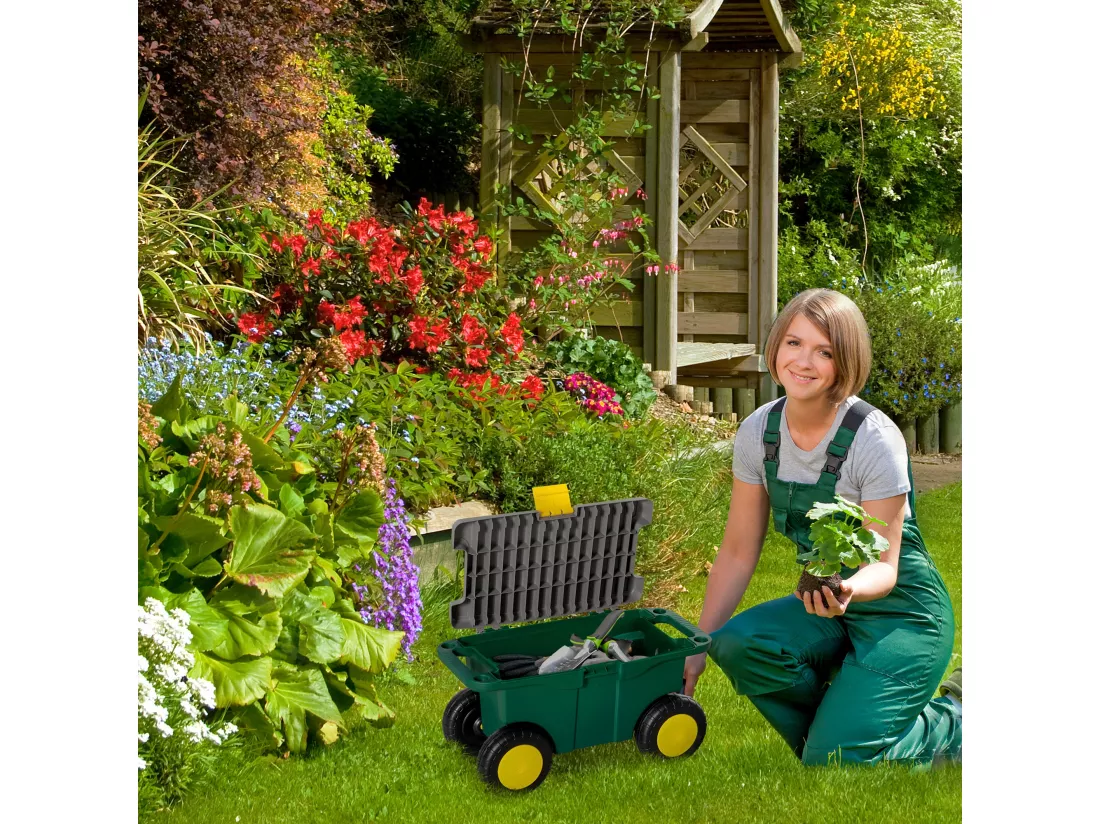 Tabouret de jardin caisse à outils 2 en 1 - coffre et plaque compartimentée de rangement verrouillable - 4 roulettes, 2 poignées - PP gris jaune vert