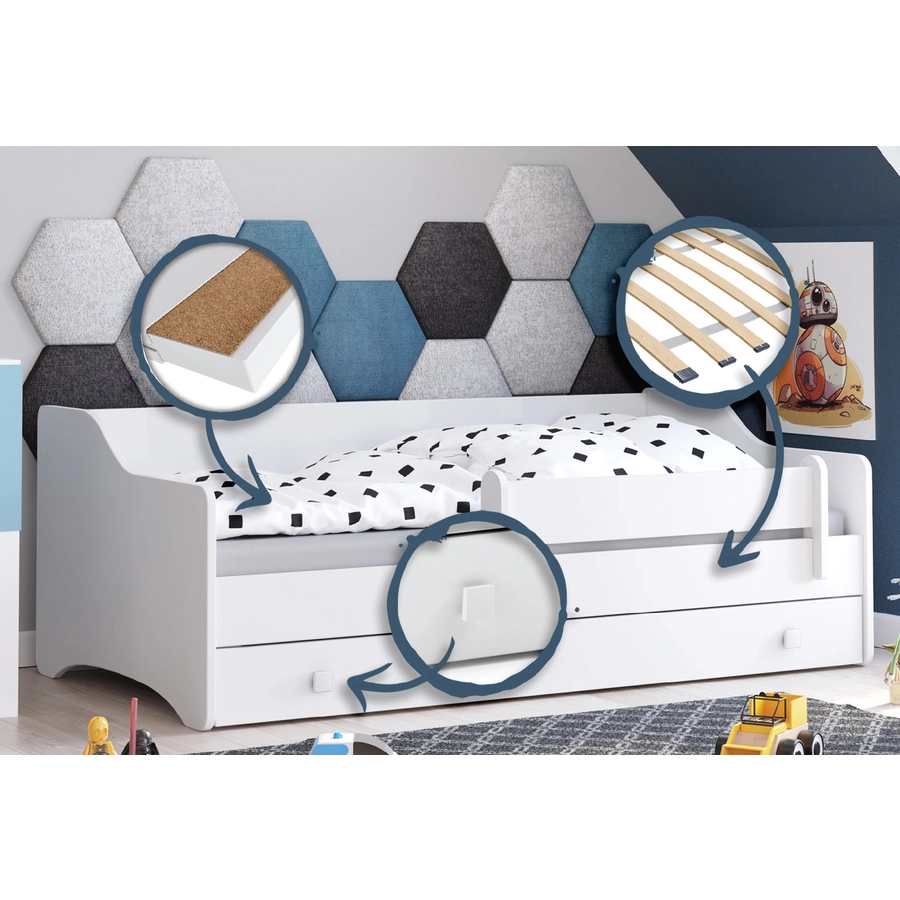 Kids Collective Kinderbett 80x160 | 80x180 cm mit Matratze Rausfallschutz & Schublade weiß mit Matratze