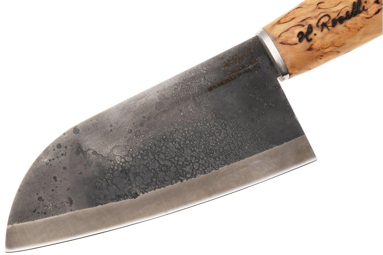 Roselli Small Chef Knife R700 Carbon Steel, Curly Birch, santokumes, 13.5 cm
