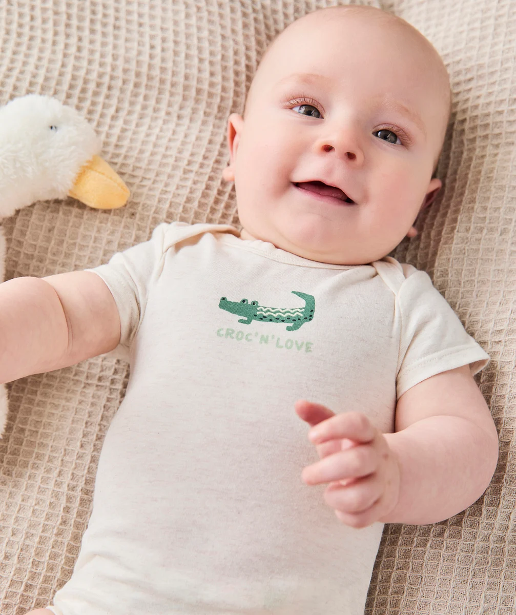 lot de 3 bodies bébé en coton bio uni vert et imprimé thème crocodiles