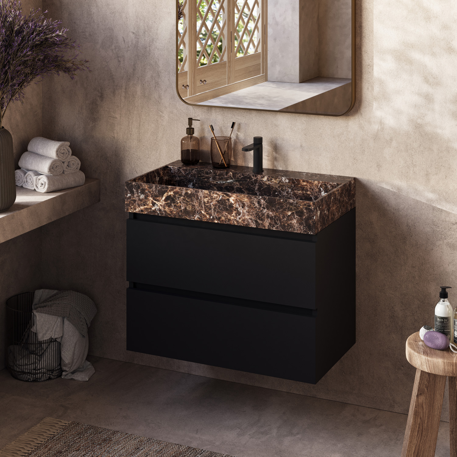 Fontana Dark Emperador badkamermeubel zwart mat 80cm met kraangat