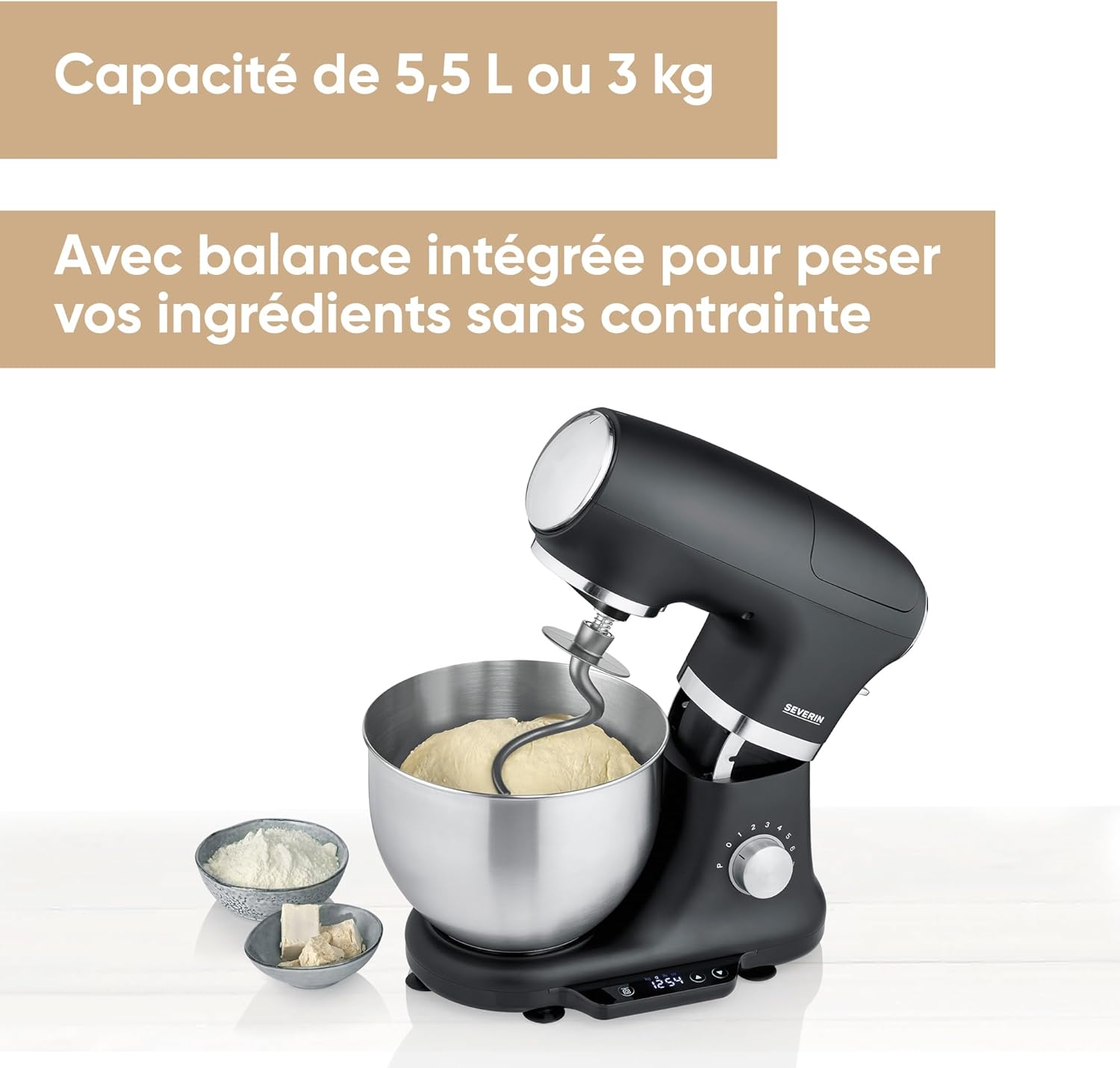 SEVERIN Robot de cuisine avec balance intégrée, robot ptissier pour 3 kg de pte ou 5,5 L, robot ménager robuste avec crochet à pétrir, batteur plat et fouet, 1 000 W, noir, KM 3898