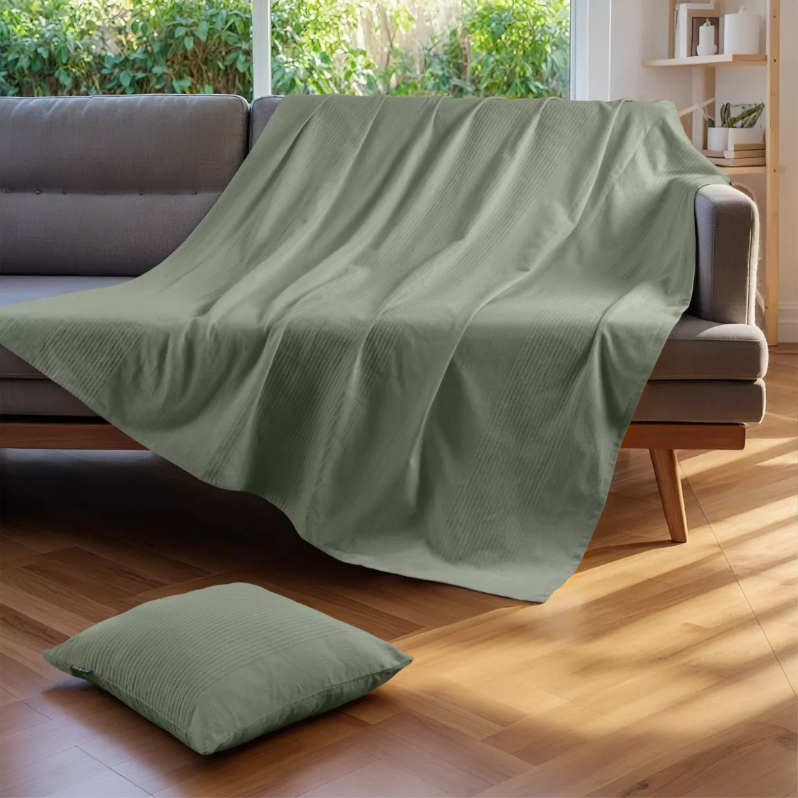 Couvre-lit coton tissé (180 x 220 cm) Léa Vert romarin