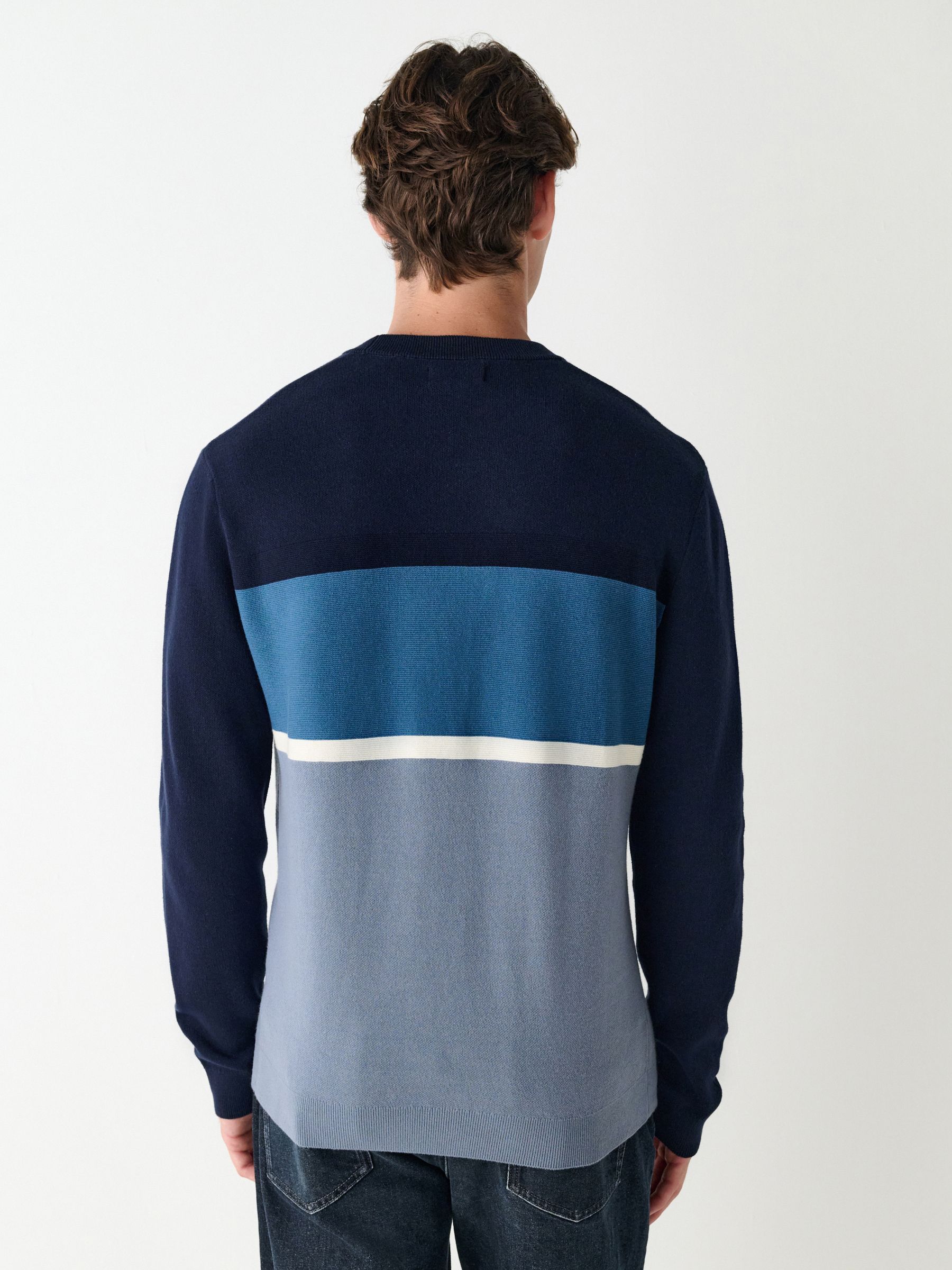 Donkerblauw - Regular fit trui met kleurblokken en strepen, ronde hals