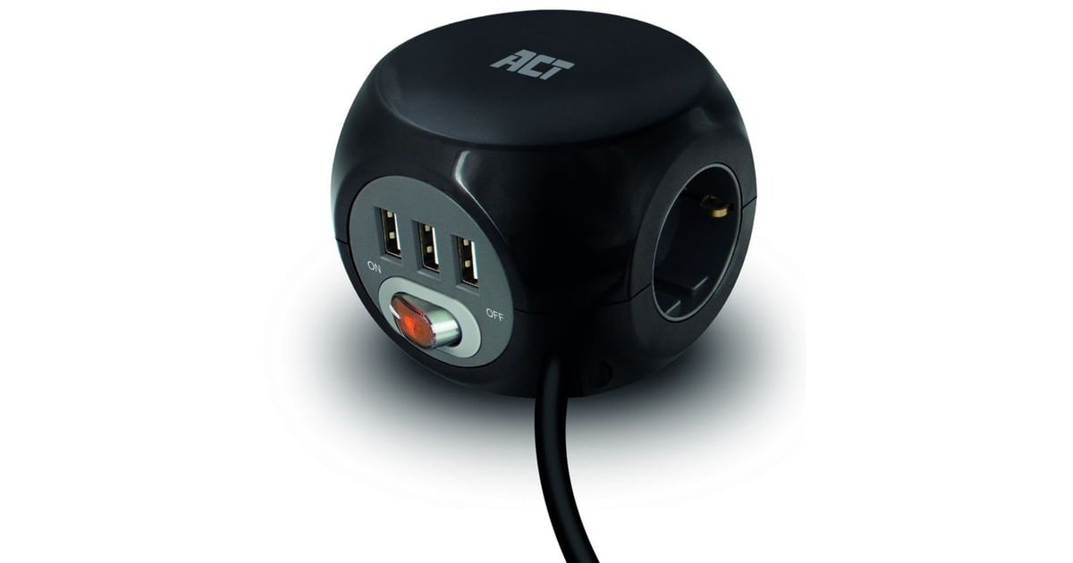 ACT ConnectivityStekkerdoos cube met 3 stopcontacten, USB-A-poorten, 1,5m stekkerdoos  (Zwart)